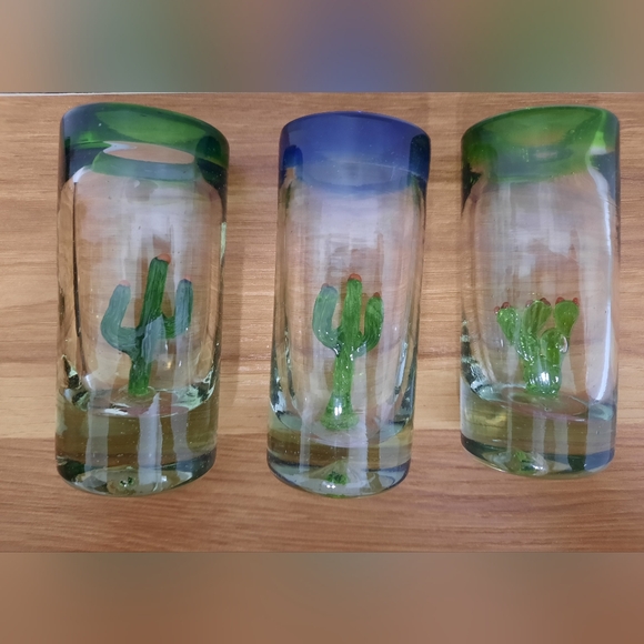 3 Mexican Hand Blown Tall Tequila Shot Glasses 3D Cactus Inside - Picture 9 of 10